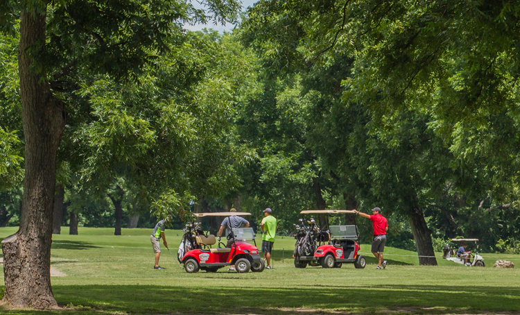 A foursome of men standing around two red golf carts.